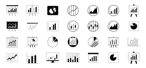 Poster - A collection of black and white line art financial charts, graphs, and diagrams representing data analysis