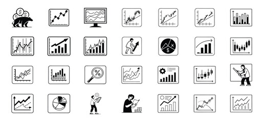 Poster - A collection of simple and clean black and white vector icons depicting financial charts and stock market analyses for business and investing