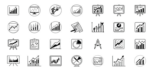 Poster - Collection of various black and white financial and business growth chart icons representing successful progress and data analysis.