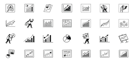 Poster - Hand drawn doodle financial icons including charts graphs pie charts and business people analyzing data illustrating growth.
