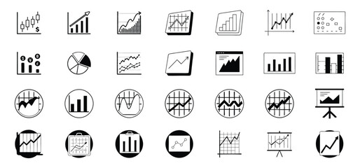 Poster - Collection of stylish black and white infographic icons depicting financial data and business growth analysis