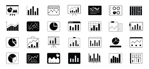Poster - Collection of black and white business and financial chart icons representing various data visualization methods