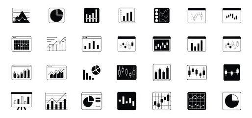Poster - Set of various black and white financial charts and graphs representing business data and analytics visualizations