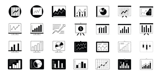 Poster - Collection of various business and financial charts graphs and diagrams in black and white outline style for business presentations