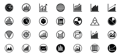 Poster - Collection of various business and finance icons featuring pie charts bar graphs and other statistical visualizations in black and white