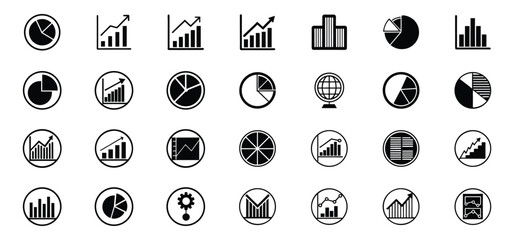 Poster - A collection of black and white data visualization icons including pie charts graphs and infographics in circular frames for business and analytics