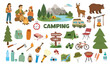 © tranle1990 - Camping vector set. Clipart of camping elements with landscape, campsite, equipment, people. Flat vector in cartoon style isolated on white background.