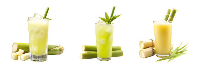 Poster - set of glasses of refreshing sugarcane juice. isolated on transparent background
