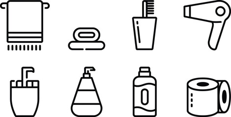 Poster - Bathroom essentials outlined in black and white suitable for hygiene and wellness applications