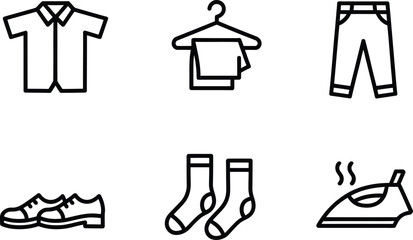 Poster - Simple line art icons depicting clothing accessories and laundry activities on white background