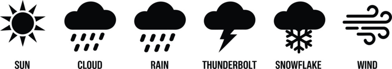 Poster - Simple black and white weather icons depicting sun cloud rain thunderstorm snow and wind