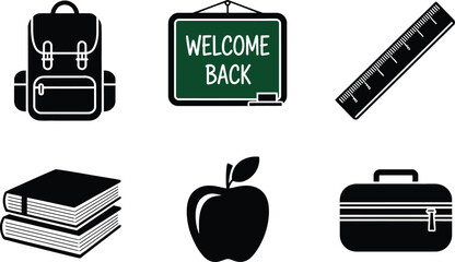 Poster - Black and white school icons representing back to school supplies and welcome greeting on a blackboard
