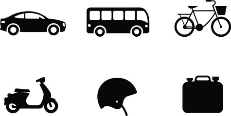 Poster - Black silhouette icons representing transportation options including car bus bicycle scooter and safety helmet