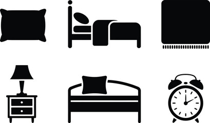 Poster - Vector illustration of bedroom icons featuring bed pillows lamp alarm clock and more black silhouettes