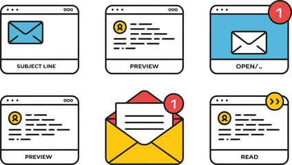 Poster - Email communication workflow sequence illustrating subject line preview open and read statuses in modern design