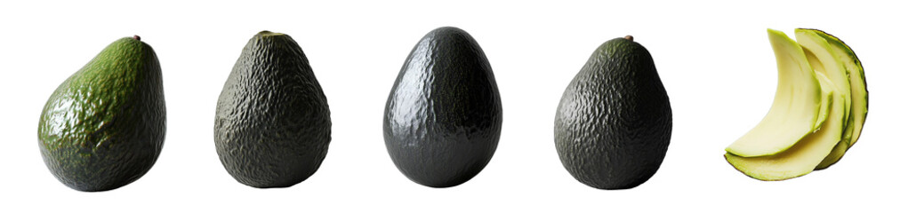 Poster - Avocado fruit whole and sliced isolated on transparent background