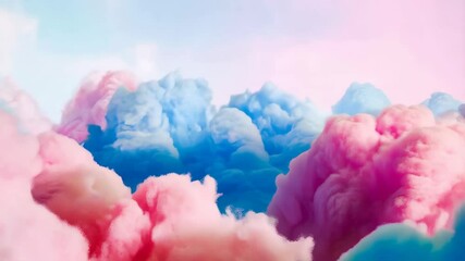 Poster - Dreamy pink, coral, and light blue fluffy cloud formations with a pastel sky background, fantasy dreamy aesthetics and vibrant colors