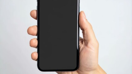Poster - Close-up of hand holding a modern cellular mobile telephone device with empty screen in front of white isolated background.