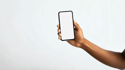 Poster - Person holding a modern frameless smartphone in hand with blank white screen for app display on a clean background.