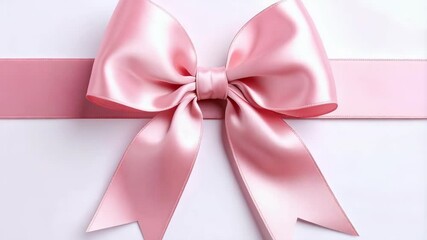 Poster - Elegant pink satin ribbon tied in a bow on a plain white background with soft lighting, showcasing luxury and celebration.