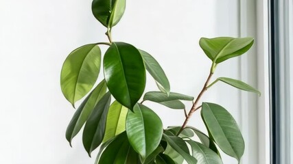 Poster - Simple interior scene featuring a blank white frame and a vibrant green houseplant against a white wall, minimalist style.
