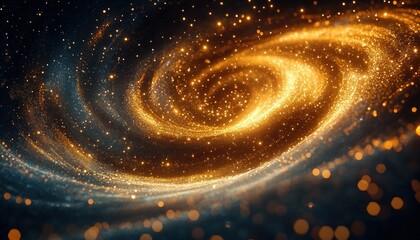 Wall Mural - Swirling golden glitter particles forming a luminous spiral galaxy-like shape against a dark background, creating a magical and celestial atmosphere
