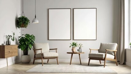 Poster - Living room interior design with two armchairs, side table, plants, lamp, and frames on a light wall with wooden floor