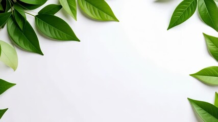 Poster - Green leaves arranged on a white surface to frame the central space offering a clean backdrop for design or text overlay.