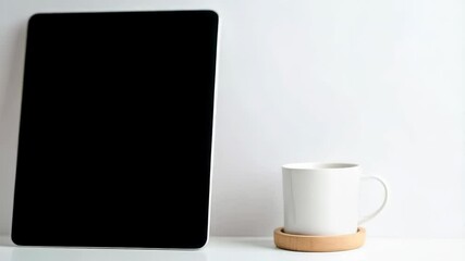 Aufkleber - Tablet device on a white desk with coffee mug and dried flowers in vase, presenting a clean digital workspace backdrop.