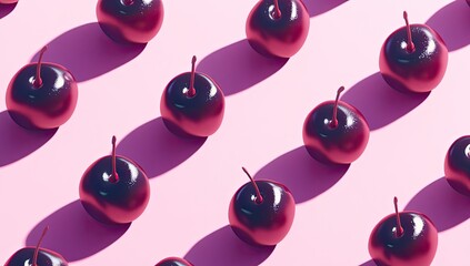 Poster - A vibrant pattern of glossy dark cherries arranged diagonally on a soft pink background, illuminated by sunlight casting shadows
