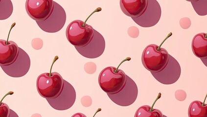 Poster - A repeating pattern of glossy red cherries on a pale pink background with subtle shadowing and dotted accents