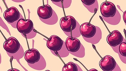 Poster - A vibrant pattern of ripe cherries arranged on a pale background, casting subtle shadows