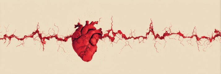 Poster - Heartbeat Line Transforms Into a Tangled Structure With a Soft Beige Background, Evoking Emotions of Chaos and Complexity