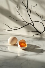 Aufkleber - A whole egg and a cracked egg with yolk visible, resting on a marble surface against a backdrop of a silhouetted tree branch