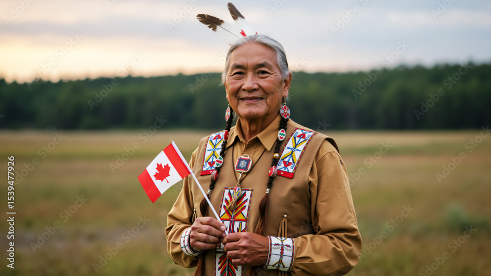 Canadian Native Men Smiling Indigenous elder in traditional clothing holding a Canadian ...