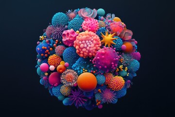 Poster - Vibrant, spherical cluster of diverse, colorful, organic shapes