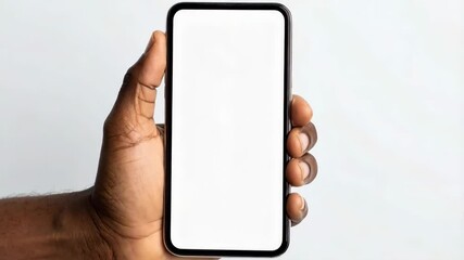 Poster - Adult hand holding a blank screen mobile device in portrait orientation with a light background