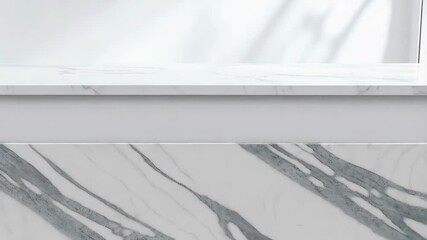Poster - Clean white marble counter against a bright white wall with blurred tree shadows ideal for product display background