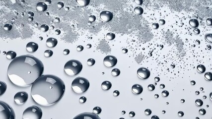 Poster - Macro view of water droplets on a white background with clear reflections and varying sizes