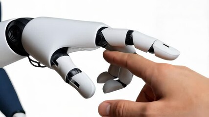 Poster - Human hand touches a robot's finger, representing technology, artificial intelligence, and the connection between humans and machines.