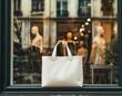 © Neni - White tote bag in a store window, city view beyond