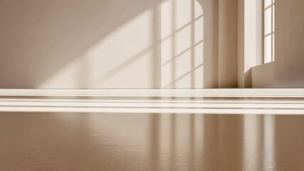 Poster - Minimalist interior scene with natural light casting geometric window shadows on a simple, neutral room with an archway and adjacent window.