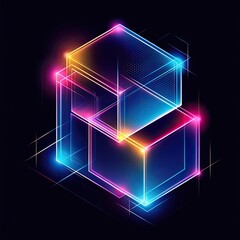 Aufkleber - Interlocking vibrant cubes, glowing with neon light, set against a dark background; abstract geometric design