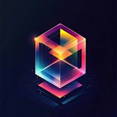 Aufkleber - A vibrant, translucent cube hovers above colorful, geometric platforms against a dark background, emitting a soft glow