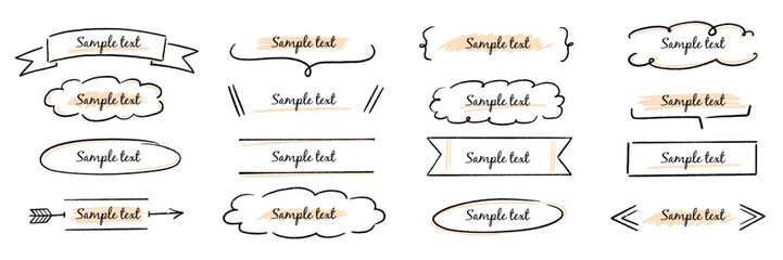 Poster - Text box hand drawn banner, frame set. Hand style brush stroke, rustic banner, cute tag, label, ornament and highlight. Graphic text shape, headline badge decoration elements. Vector illustration