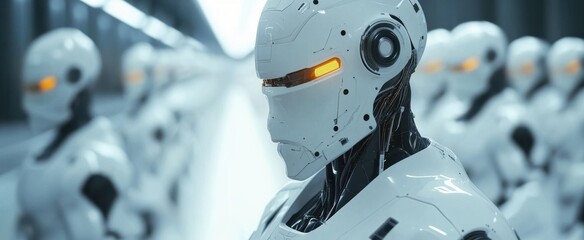 Poster - A group of futuristic robotic soldiers stands in a high-tech environment, showcasing advanced design and artificial intelligence. The scene captures a merging of robotics and technology.