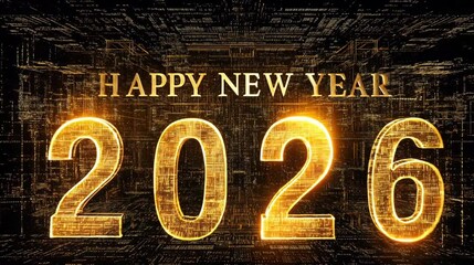 Poster - Golden New Year 2026 Celebration Futuristic and Festive Atmosphere with Glowing Text Against Digital Matrix Background