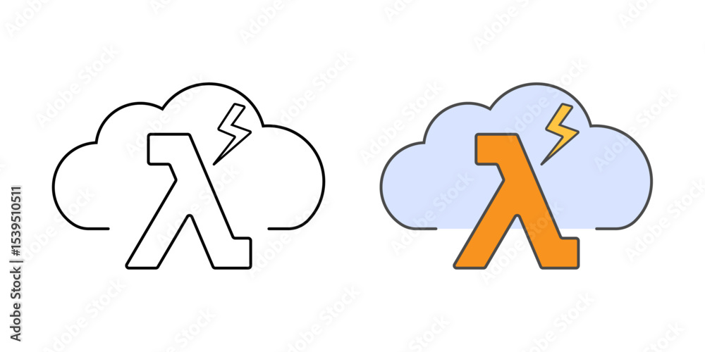 Serverless function icon with a lambda symbol, lightning bolt, and cloud, in outline and color styles, ideal for representing event-driven, scalable compute in cloud environments.