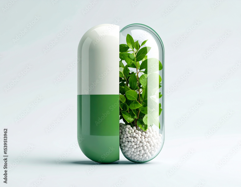 A split pill with green leaves growing from it, symbolizing natural ...
