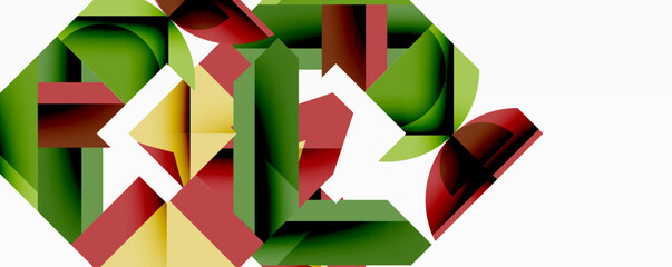 Poster - Abstract geometric shapes overlap. Red, green, yellow hues create dynamic composition. Modern design, clean lines, visual interest.